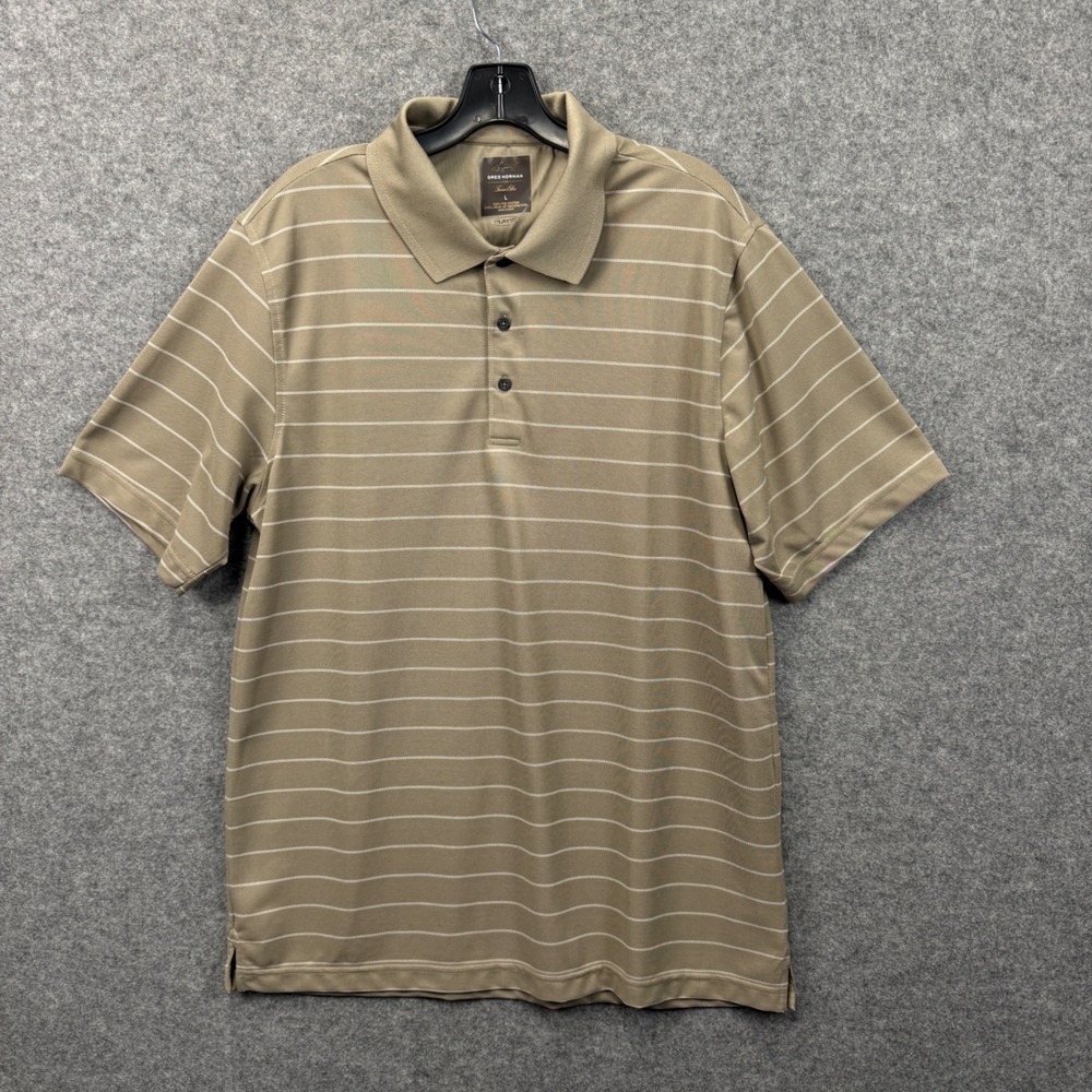 Greg Norman for Tasso Elba Mens Tan Striped Play Dry Golf Polo Shirt Large L